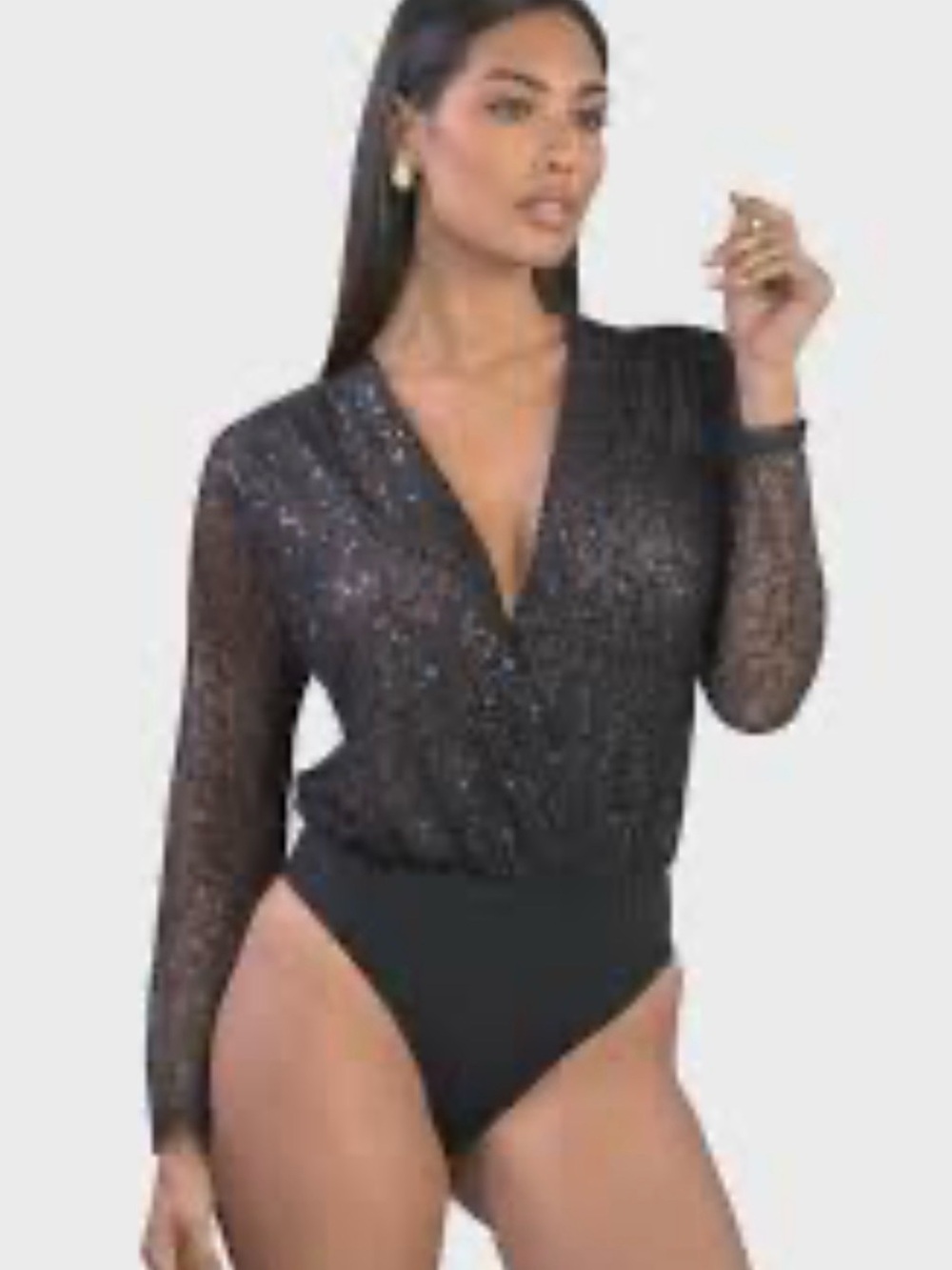 Banjul Black Glitter Wrap-Front Long-Sleeve Bodysuit